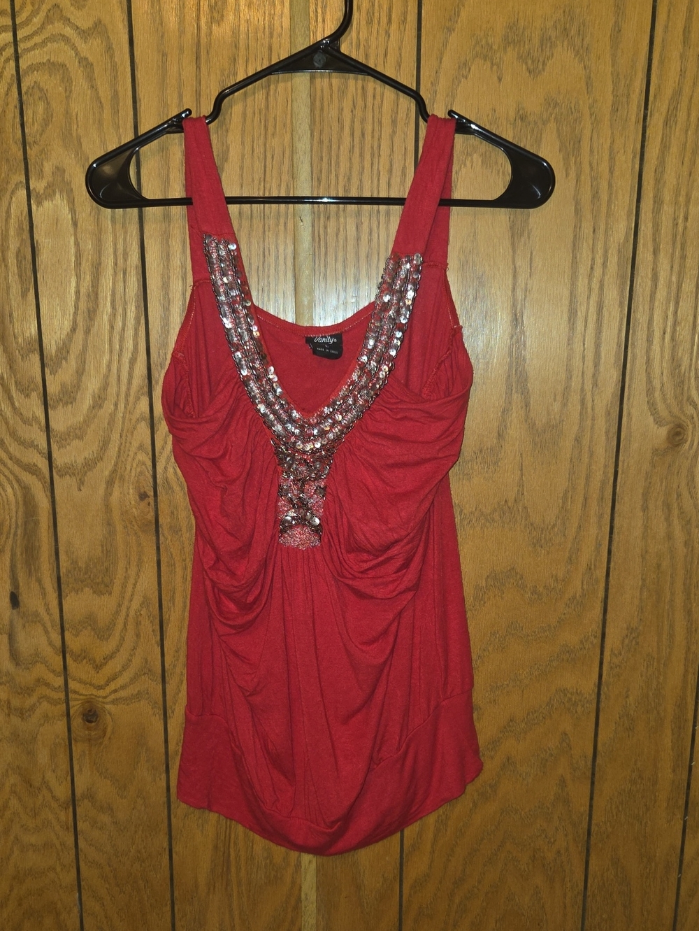 Vanity Red Embellished V-Neck Tank Top